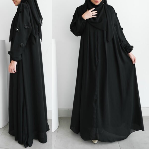 ByMeldev Flower 3D Dress & Pearl Abaya Gamis Lebaran Hitam Putih