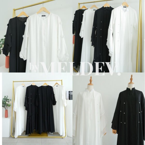 ByMeldev Flower 3D Dress & Pearl Abaya Gamis Lebaran Hitam Putih