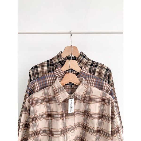 Bymeldev Kemeja Oversized 100% Bahan Flanel Motif Kotak Kotak